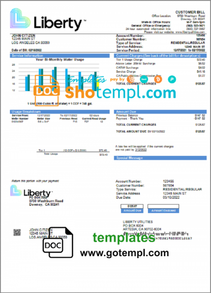 USA California Liberty Utilities utility bill template in Word and PDF format