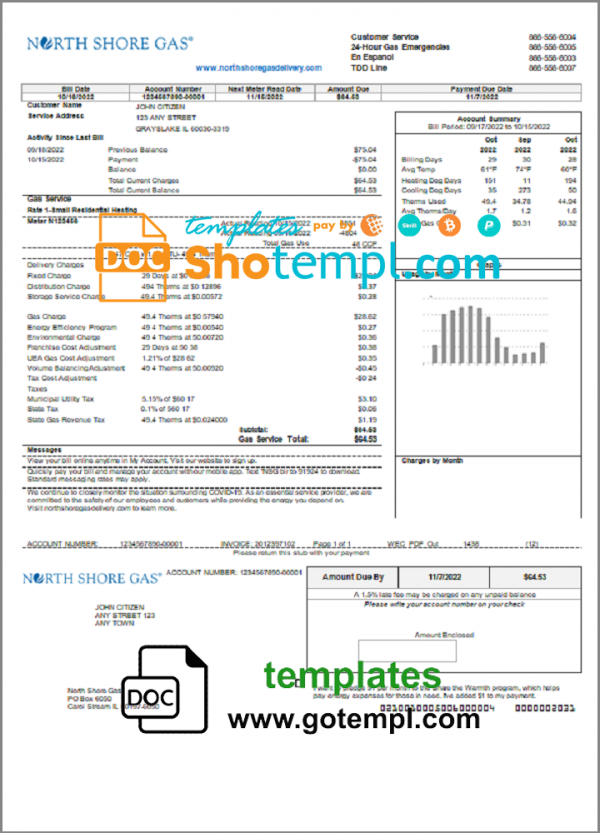 USA Illinois North Shore Gas utility bill template in Word and PDF format