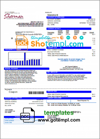 USA City of Sherman utility bill template in Word and PDF format