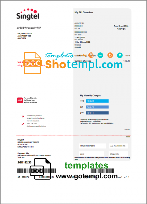 USA Singtel utility bill template in Word and PDF format