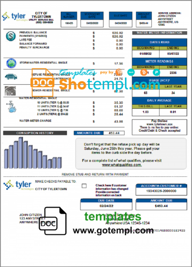 USA Tyler Technologies utility bill template in Word and PDF format