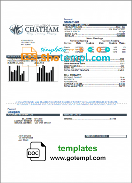 USA Village of Chatham utility bill template in Word and PDF format