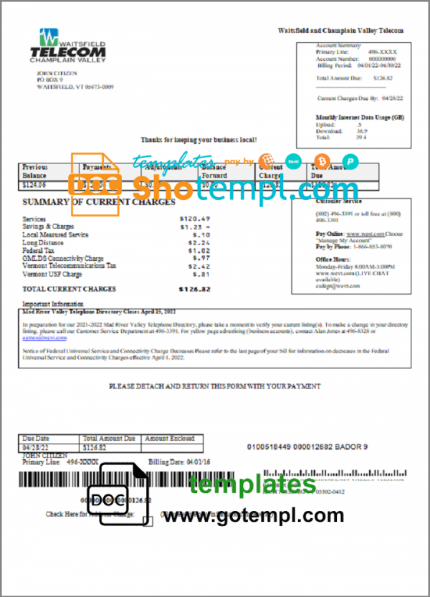 USA Waitsfield Telecom utility bill template in Word and PDF format