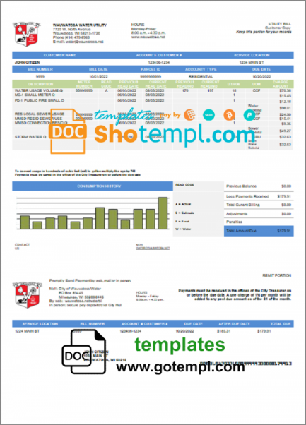 USA Wawatosa Water Utility utility bill template in Word and PDF format