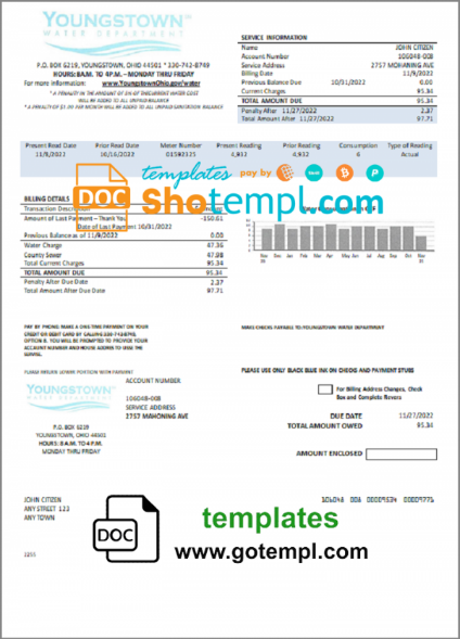 USA Youngstown Water Department utility bill template in Word and PDF format