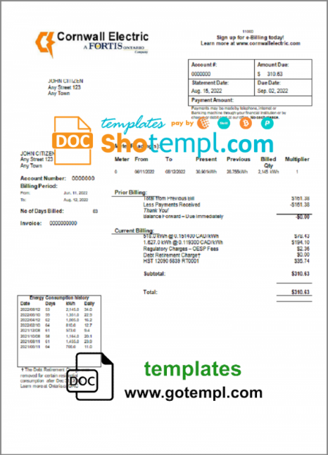 USA Cornwall Electric utility bill template in Word and PDF format