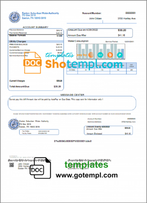 USA Eastern Suburban Water Authority utility bill template in Word and PDF format