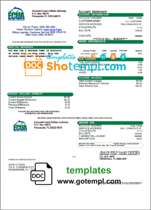 USA ECUA utility bill template in Word and PDF format