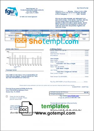 USA Florida FGUA utility bill template in Word and PDF format