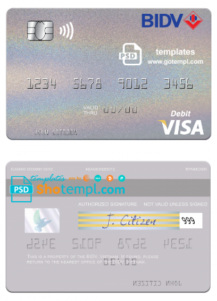 Vietnam BIDV visa debit card template in PSD format