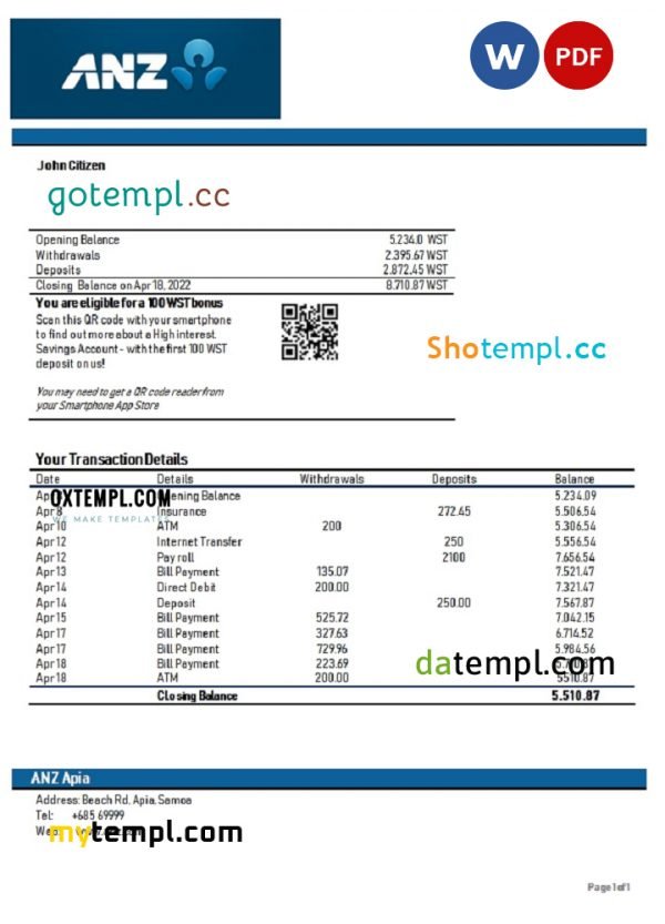 Samoa ANZ bank proof of address statement template in Word and PDF format