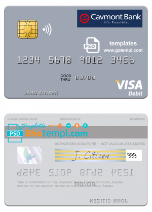 Zambia Cavmont Bank visa debit credit card template in PSD format
