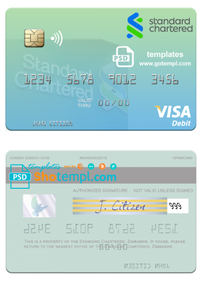 Zimbabwe Standard Chartered visa debit credit card template in PSD format