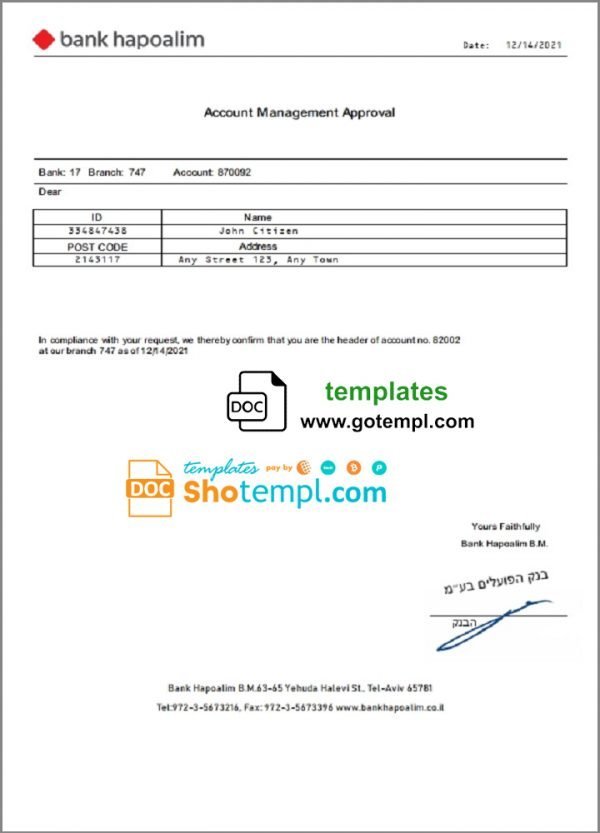 Israel Bank Hapoalim Account Management Approval template in Word and PDF format