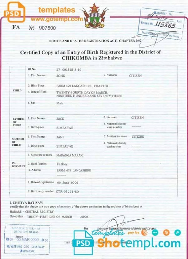 Zimbabwe birth certificate template in PSD format, fully editable