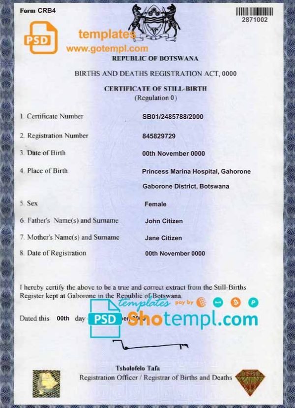 Botswana birth certificate template in PSD format, fully editable