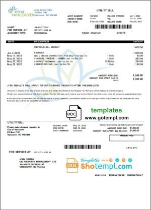 Canada British Columbia City of Vancouver utility bill template in Word and PDF format