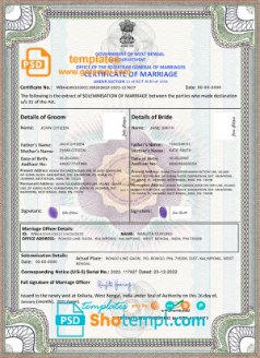 India marriage certificate template in PSD format, fully editable