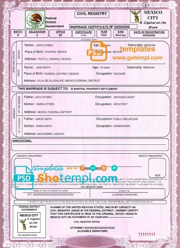 Mexico marriage certificate template in PSD format, fully editable