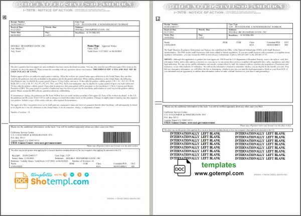 USA Form I-797B, Notice of Action template in Word and PDF format (2 pages)