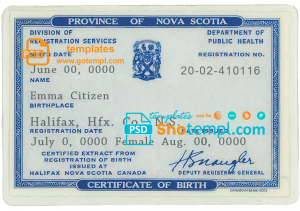 Canada Province of Nova Scotia birth certificate template in PSD format