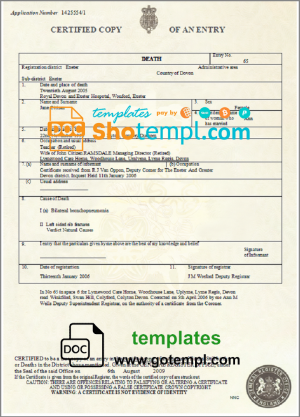United Kingdom death certificate template in Word and PDF format