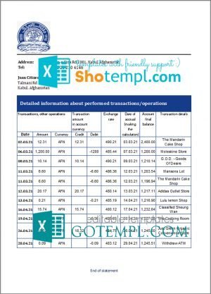 Afghanistan Da Afghanistan bank statement template in Excel an PDF format