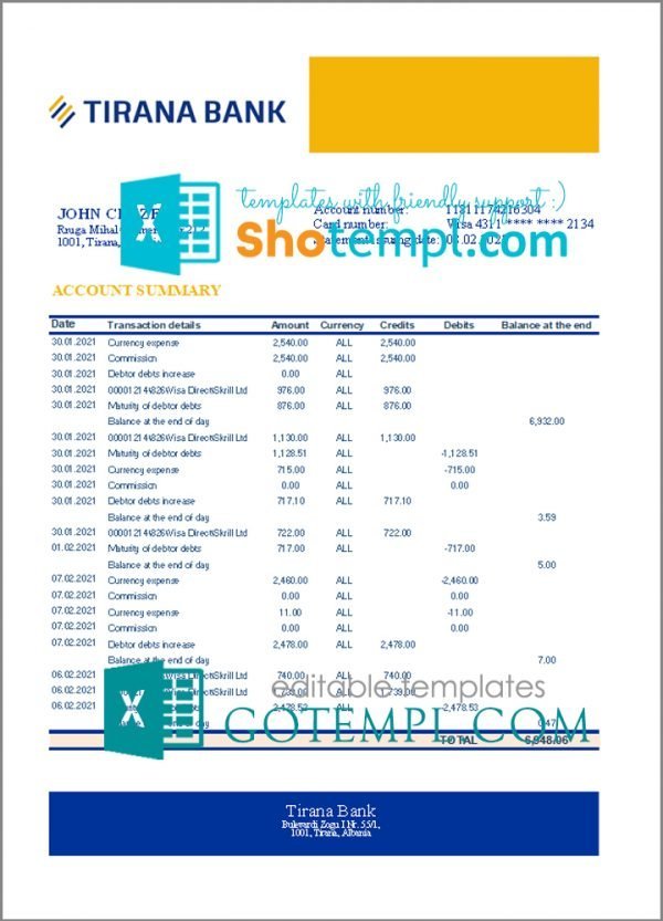 Albania Tirana bank statement template in Excel and PDF format