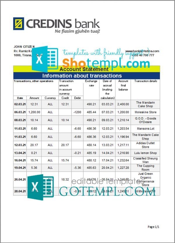 Albania Credins bank statement template in Excel and PDF format