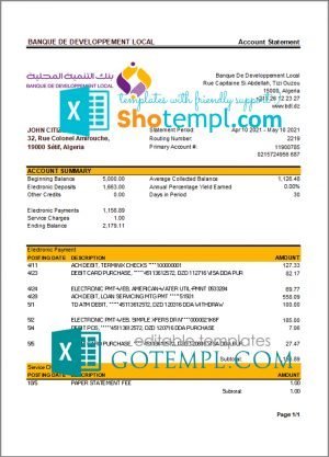 Algeria Banque De Developpement Local bank statement template in Excel and PDF format