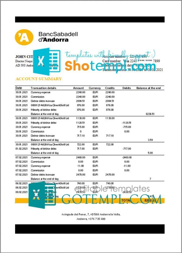 Andorra BancSabadell d’Andorra bank statement template in Excel and PDF format