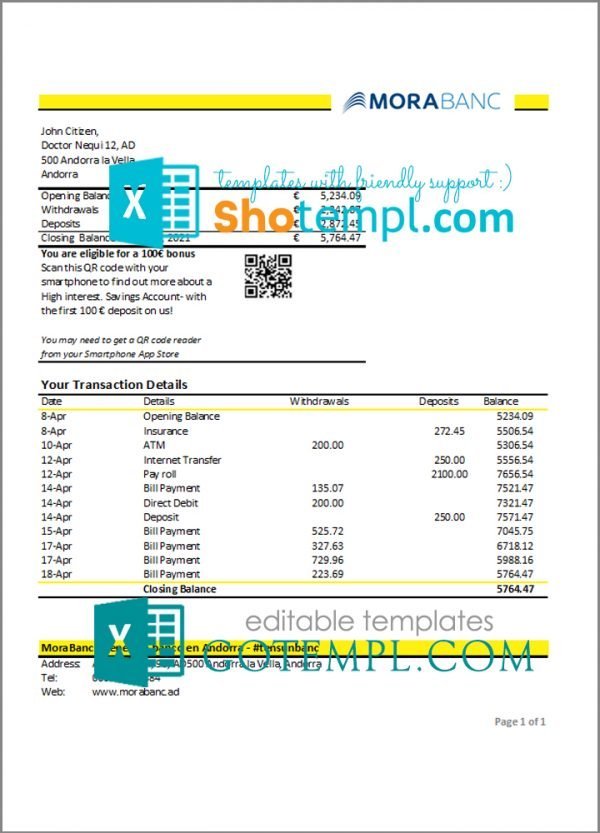 Andorra MoraBank bank statement template in Excel and PDF format