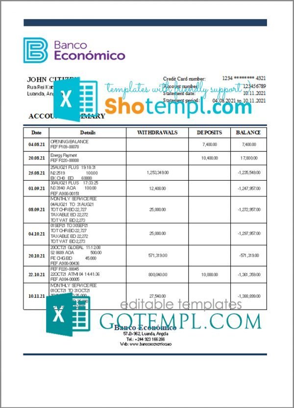 Angola Banco Economico bank statement template in Excel and PDF format