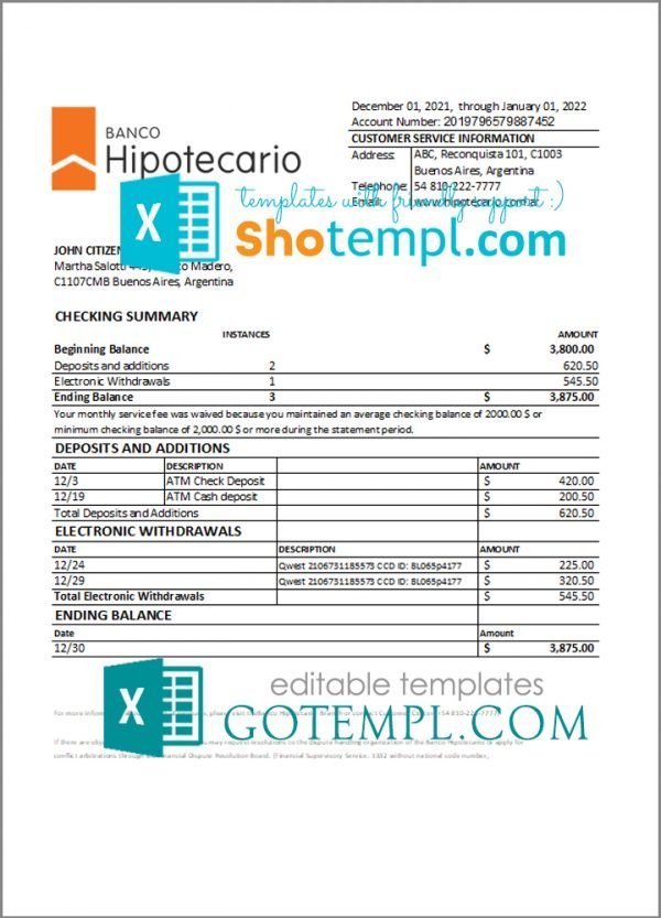 Argentina Banco Hipotecario bank statement template in Excel and PDF format
