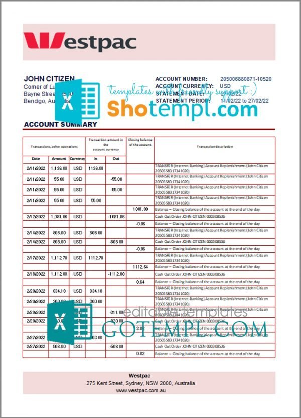 Australia Westpac bank statement template in Excel and PDF format