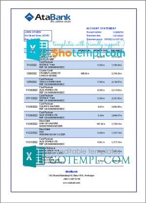 Azerbaijan AtaBank bank statement template in Excel and PDF format