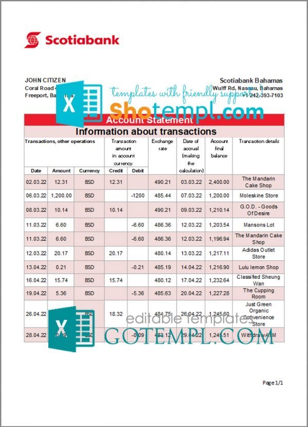 Bahamas Scotiabank bank statement template in Excel and PDF format