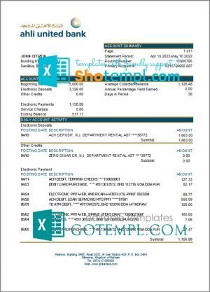 Bahrain Ahli United bank statement template in Excel and PDF format