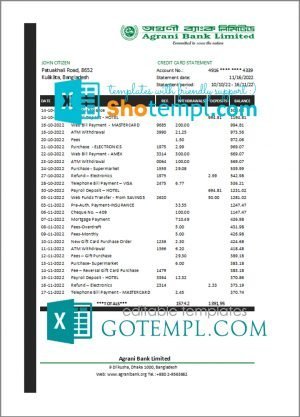 Bangladesh Agrani Bank statement template in Excel and PDF format