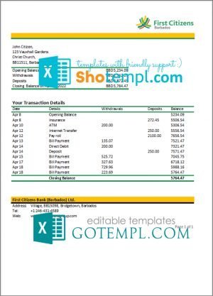 Barbados First Citizens bank statement template in Excel and PDF format