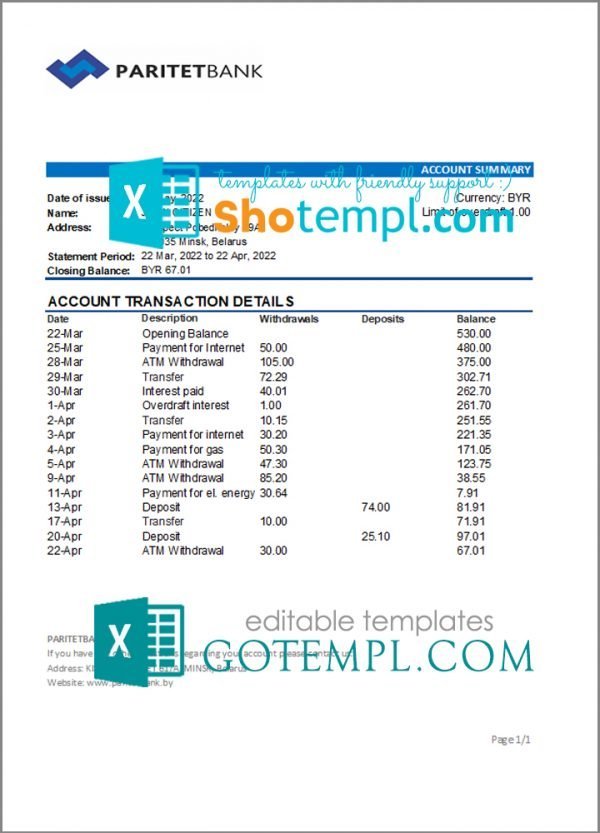 Belarus Paritet bank statement template in Excel and PDF format