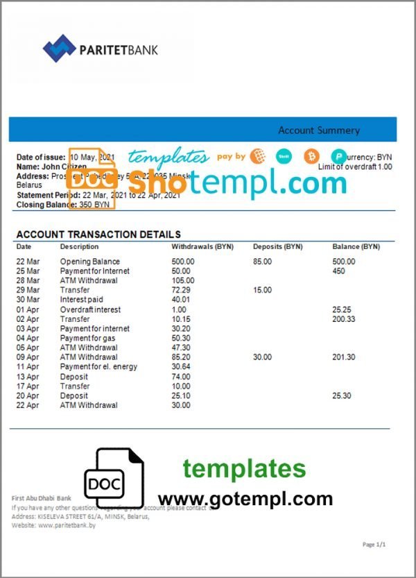 Belarus Paritet bank statement template in Word and PDF format