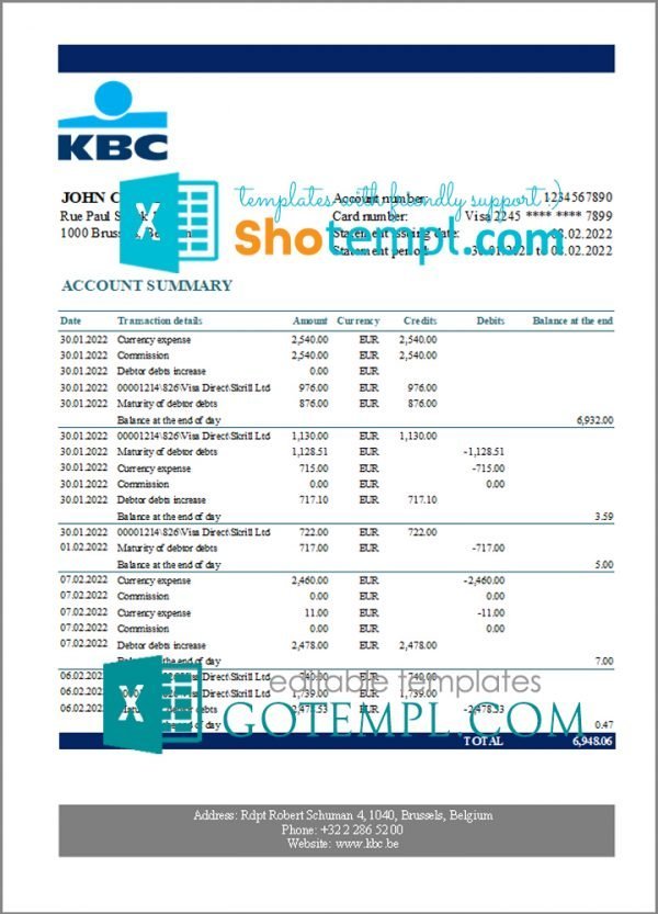 Belgium KBC bank statement template in Excel and PDF format