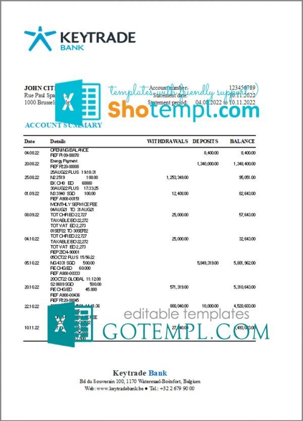 Belgium Keytrade bank statement template in Excel and PDF format