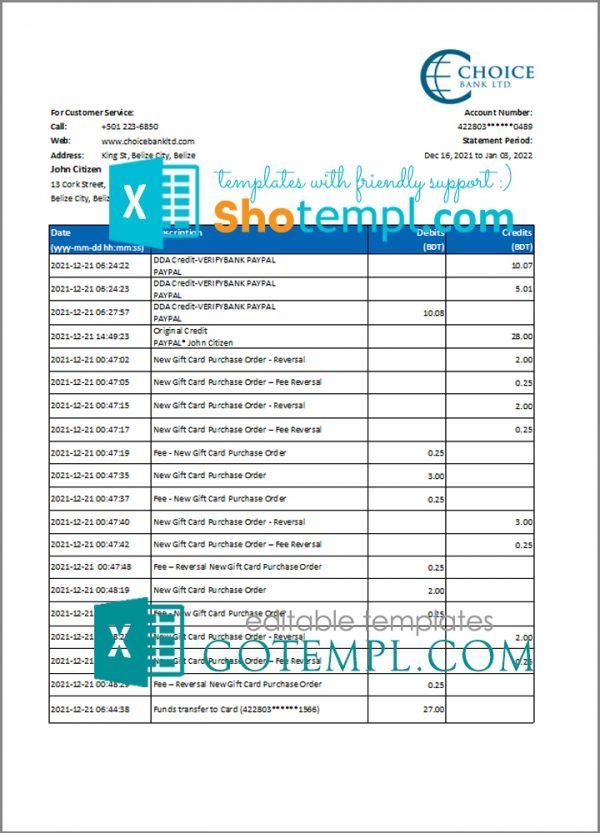 Belize Choice Bank statement template in Excel and PDF format