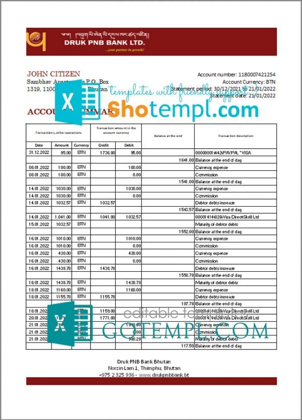 Bhutan Druk PNB bank statement template in Excel and PDF format (autosum)