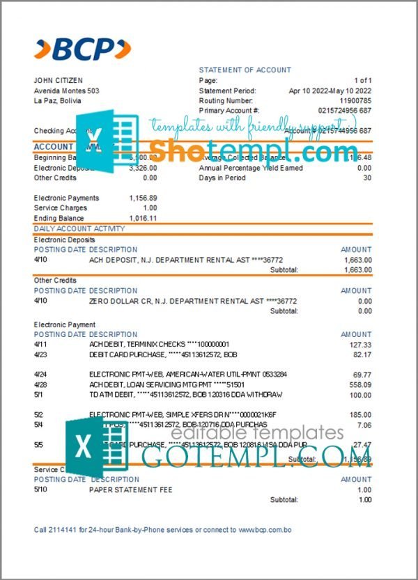 Bolivia Banco de Crédito de Bolivia bank statement template in Excel and PDF format