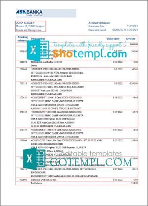 Bosnia and Herzegovina ASA Banka bank statement template in Excel and PDF format