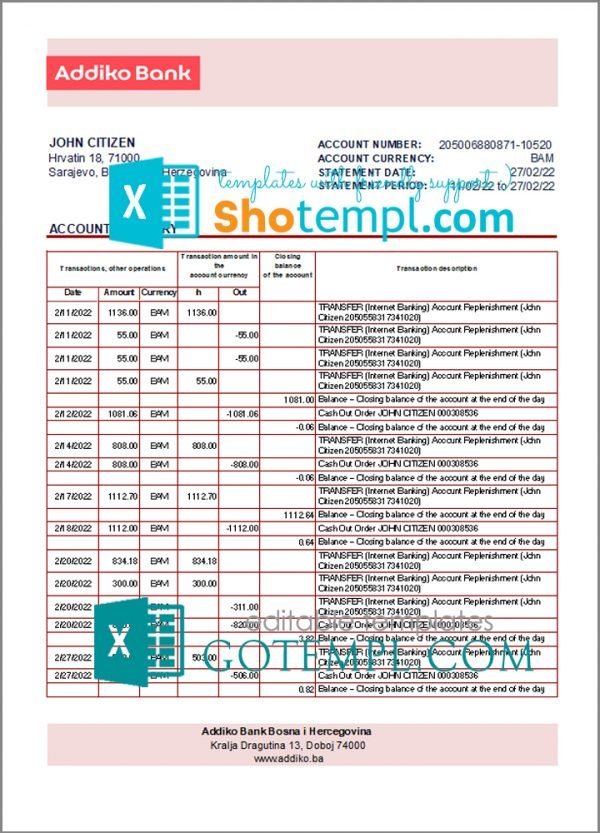 Bosnia and Herzegovina Addiko Bank statement template in Excel and PDF format (autosum)