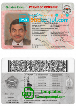 Burkina Faso driving license template in PSD format, fully editable